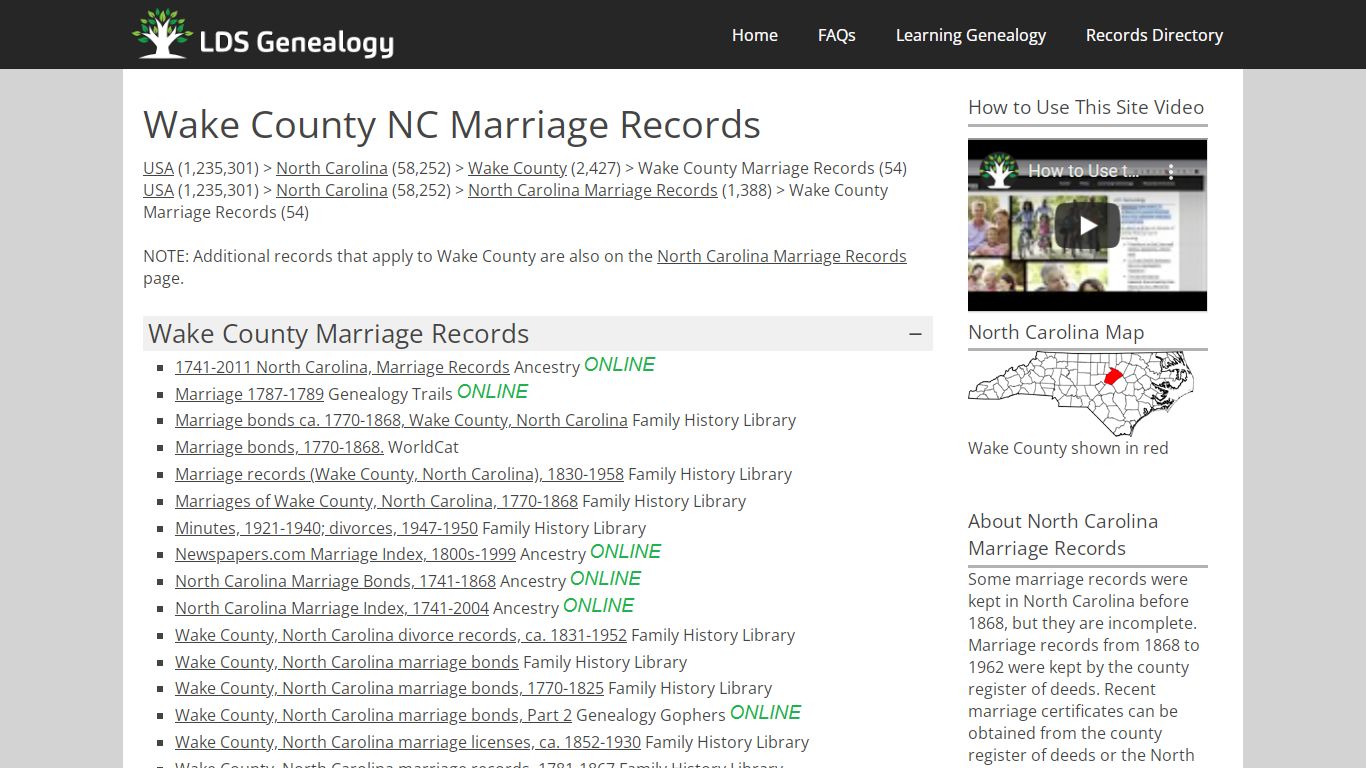 Wake County NC Marriage Records - LDS Genealogy